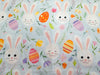 Easter Fabric - Cute Bunny Rabbits Eggs & Spring Floral on Blue