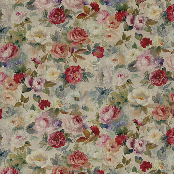 Linen Look Fabric - Vintage Pink Rose Print - Furnishing Curtain Cushion Fabric