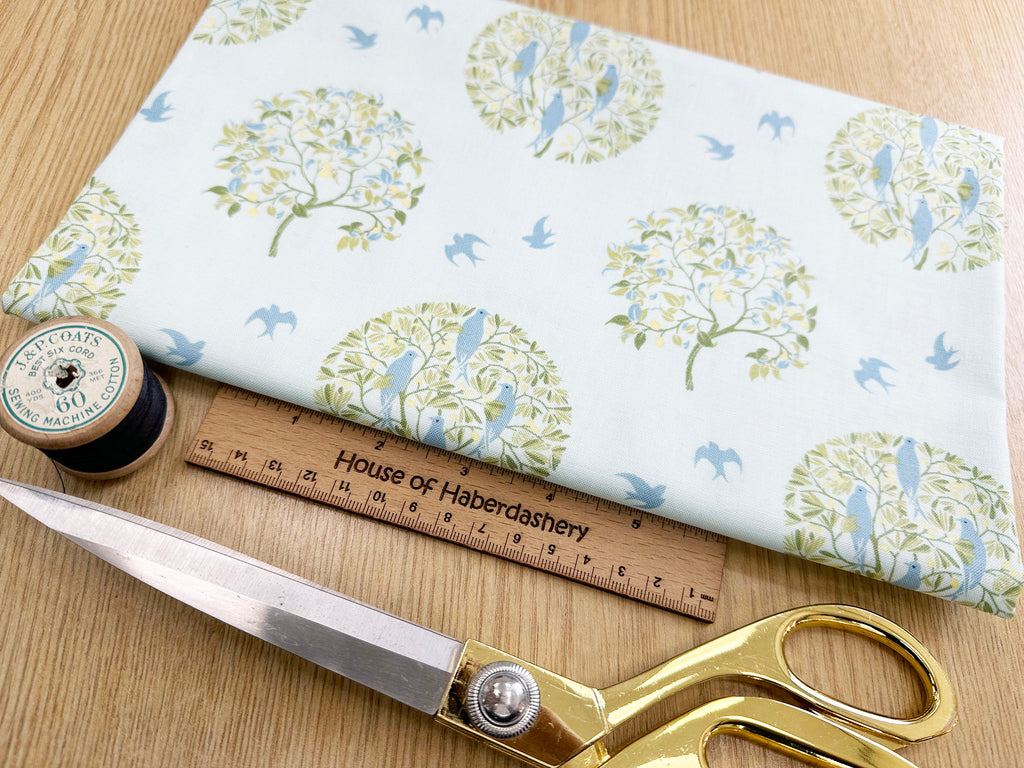 FABRIC REMNANT - V&A Voysey Blue Birds & Tree on Aqua Green Fabric - 1m Length