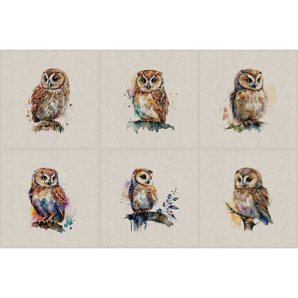 Upholstery Fabric - Cotton Rich Linen Look Material - Panels - Cushion - Wall Art - Watercolour Owls