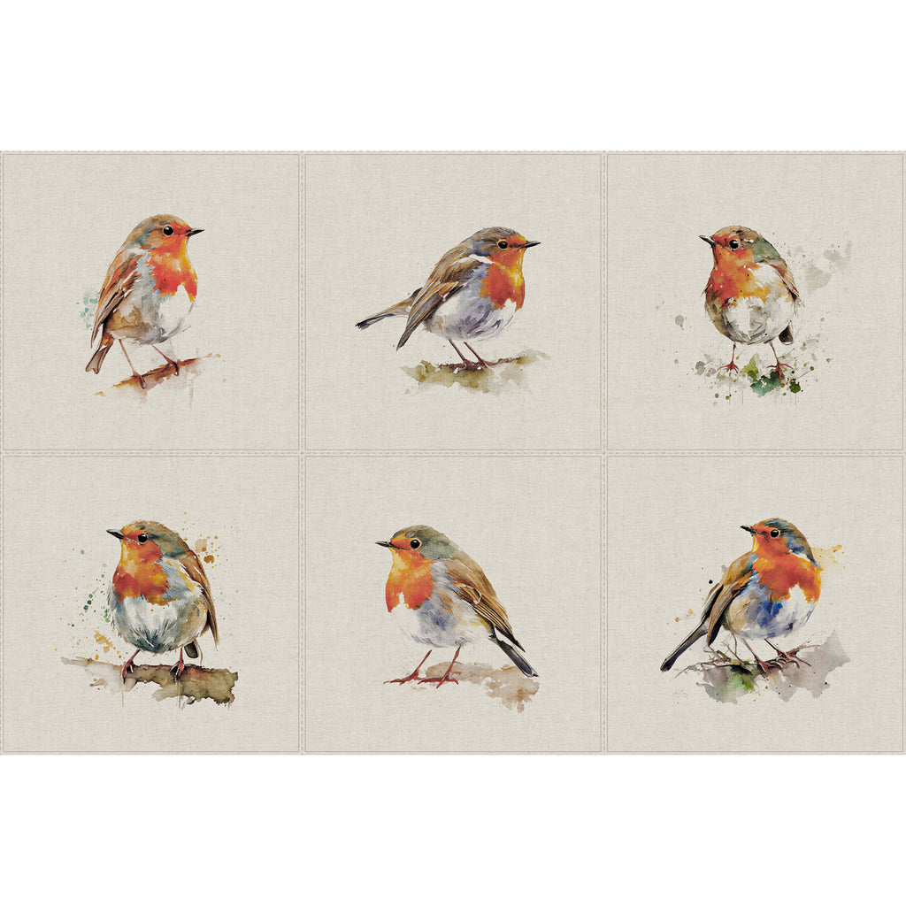 Upholstery Fabric - Cotton Rich Linen Look Material - Panels - Cushion - Wall Art - Watercolour Robins