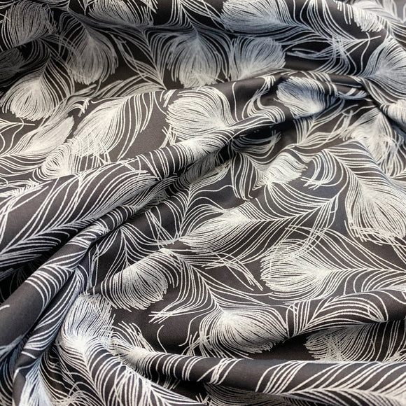 Cotton Poplin Fabric - White Feather Print on Black