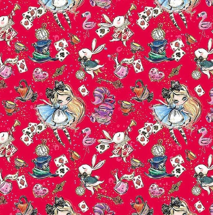 Cotton Fabric - Alice in Wonderland Red - Digital Print Craft Fabric Material