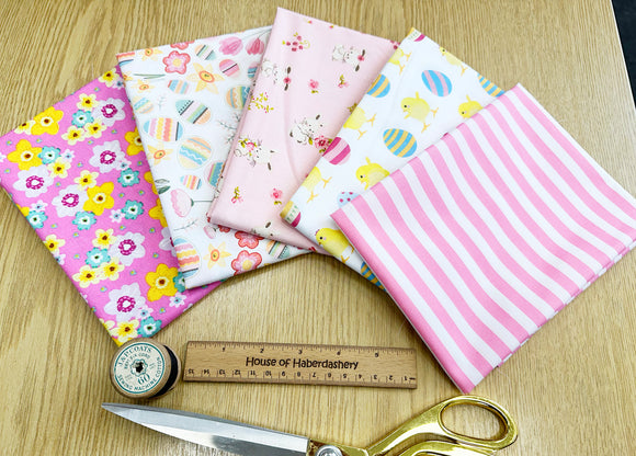 Fat Quarter Bundle - Cute Easter Bunny Pink Spring Floral Fabric Mix