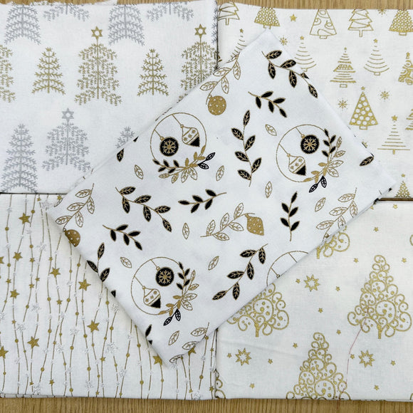 Fat Quarter Bundle - Christmas Metallic Gold & Silver Xmas Trees Stars Fabric