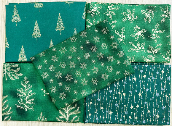 Fat Quarter Bundle - Christmas Green Metallic Gold Silver Snowflake Trees Fabric