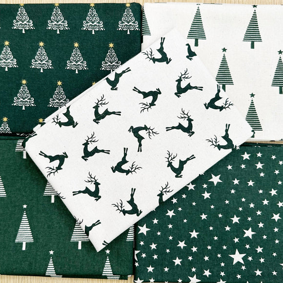 Fat Quarter Bundle - Christmas Green & Cream Scandi Reindeer Trees Star Fabric