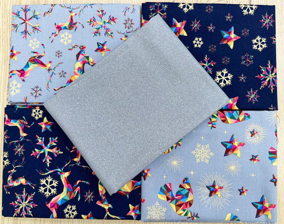 Fat Quarter Bundle - Navy Blue & Silver Christmas Rainbow Reindeer Fabric