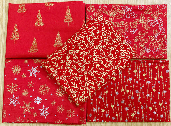 Fat Quarter Bundle - Christmas Red Metallic Gold Silver Snowflake Trees Fabric