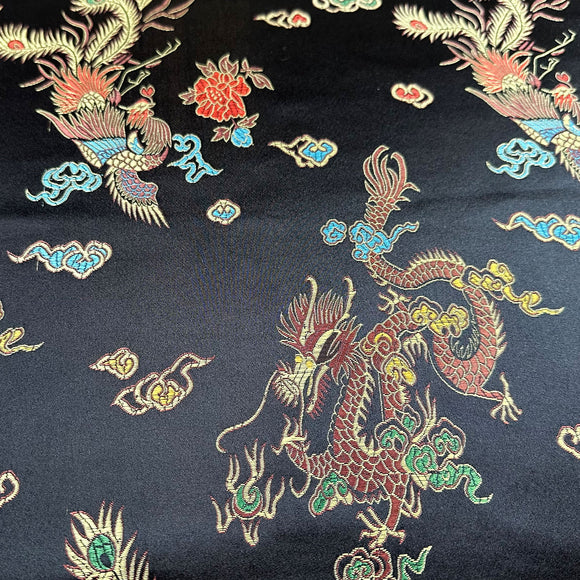 Chinese Brocade Fabric - Dragon Black Gold Satin Jacquard Craft Fabric Material