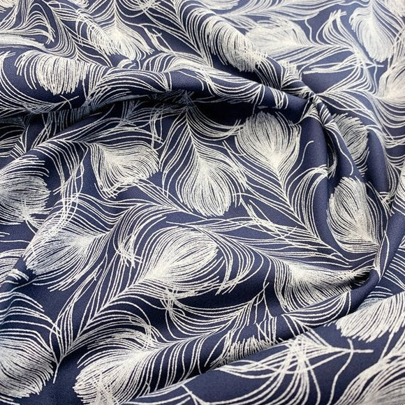 Cotton Poplin Fabric - White Feather Print on Navy