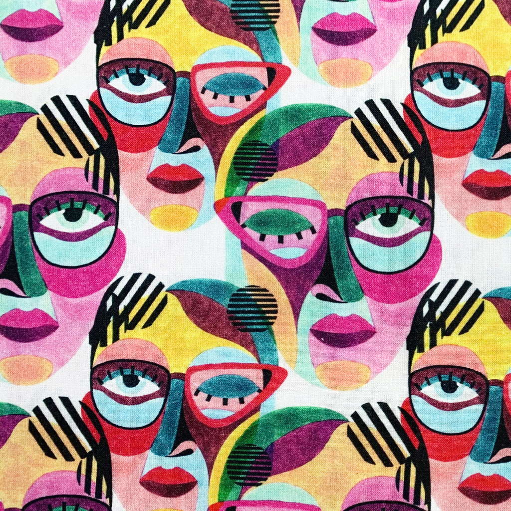 100% Cotton Fabric - Bright Multi Abstract Faces