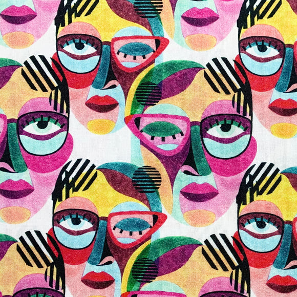 100% Cotton Fabric - Bright Multi Abstract Faces
