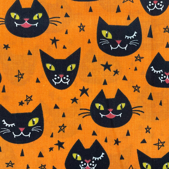 Halloween Fabric - Spooky Black Cats on Orange - Polycotton Prints