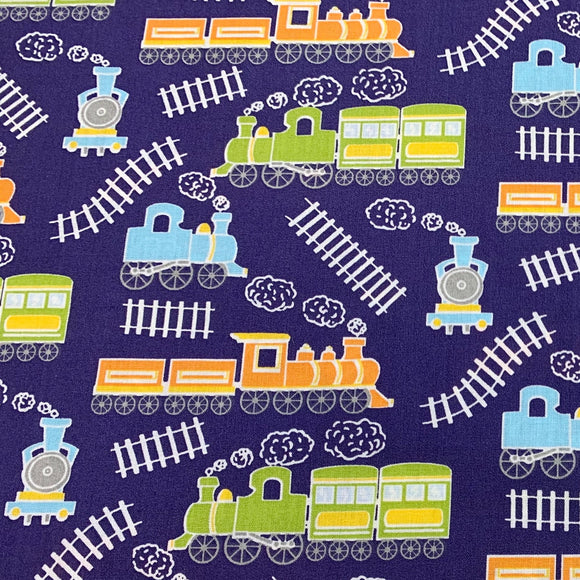 Children's Fabric ~ Choo Choo Trains & Track on Navy Blue ~ Polycotton Prints