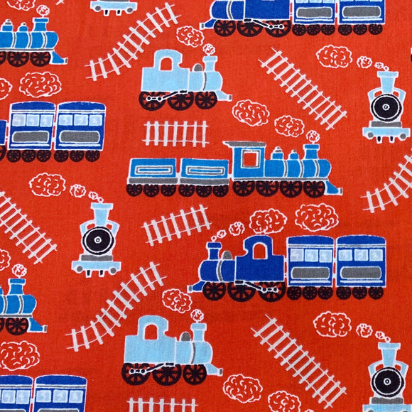 Children's Fabric ~ Choo Choo Trains & Track on Red ~ Polycotton Prints