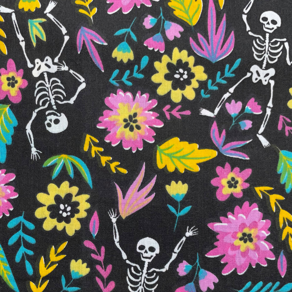 Halloween Fabric - Skeletons & Flowers on Black - Polycotton Prints