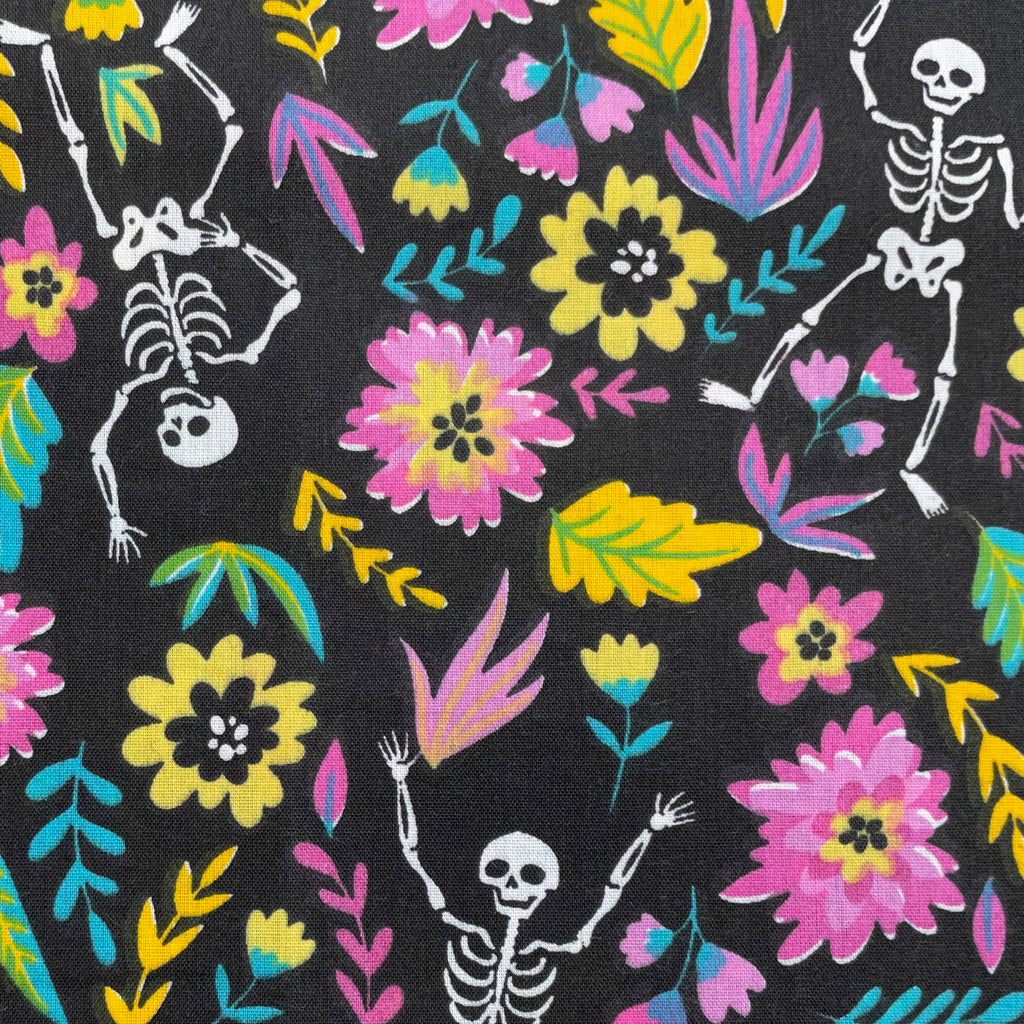 Halloween Fabric - Skeletons & Flowers on Black - Polycotton Prints