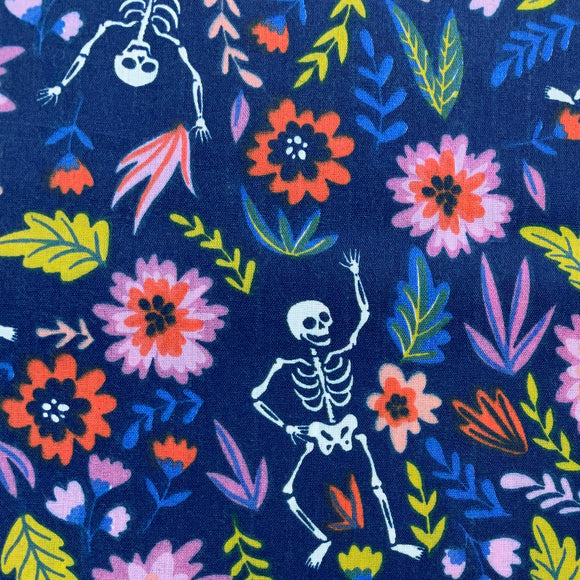 Halloween Fabric - Skeletons & Flowers on Navy Blue - Polycotton Prints