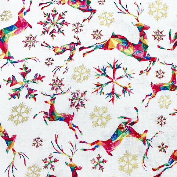 Christmas Fabric - Rainbow Metallic Reindeer on Cream - 100% Cotton