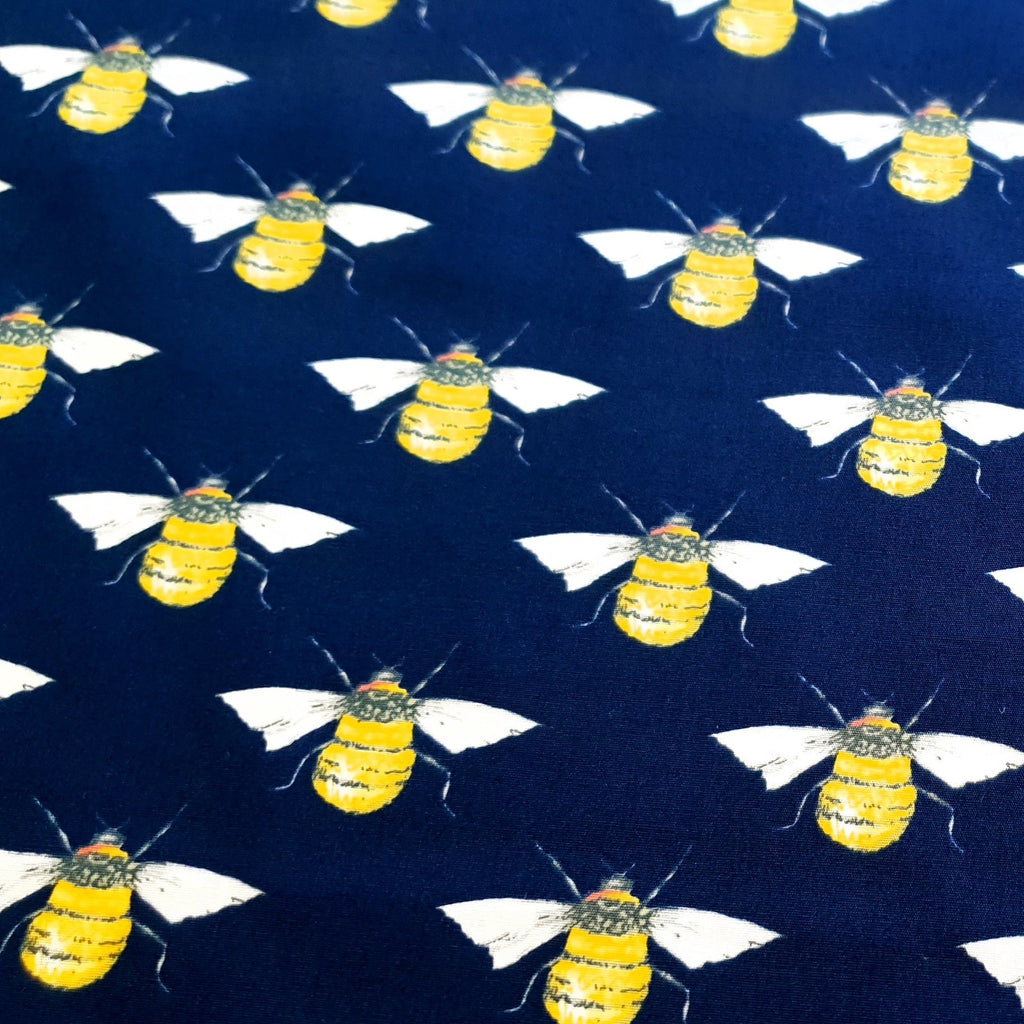 Cotton Fabric ~ Worker Bee Print on Navy Blue Background~ 100% Cotton Poplin Print