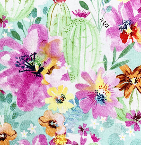 100% Cotton Prints - Sun Valley Watercolour Flowers & Cacti Design - Craft Fabric