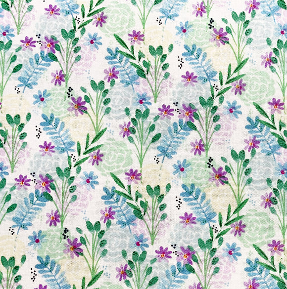 100% Cotton Prints - Beautiful Floral Sprig Design - Blue, Green and Pink Leaves
