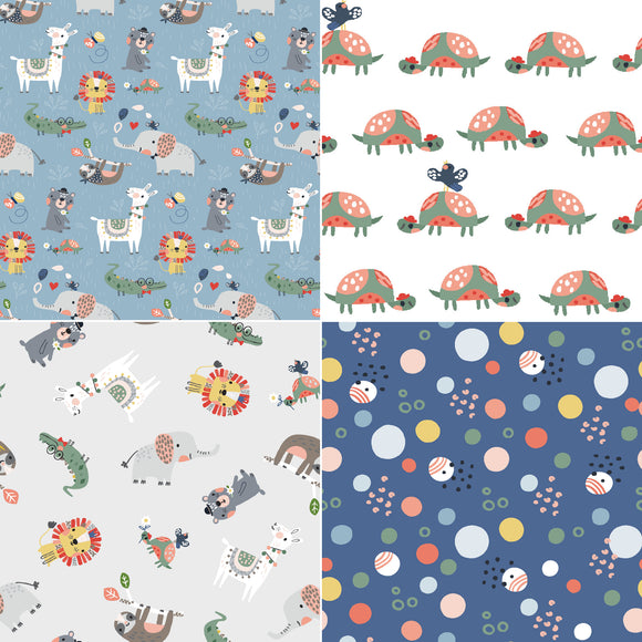 Childrens Fabric Collection- 100% Cotton Prints - Wild Animals Tortoises & Circle Blender Fabrics