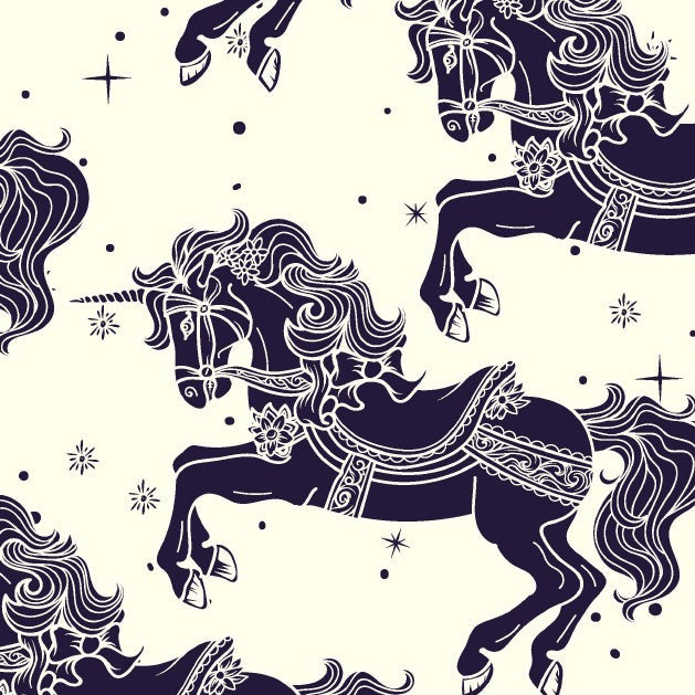 Cotton Fabric - Navy Blue Carousel Horses Print - Little Johnny's Digital Print Fabric