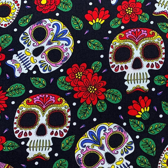 Halloween Fabric - Floral Calaca Sugar Skulls on Black - 100% Cotton Poplin