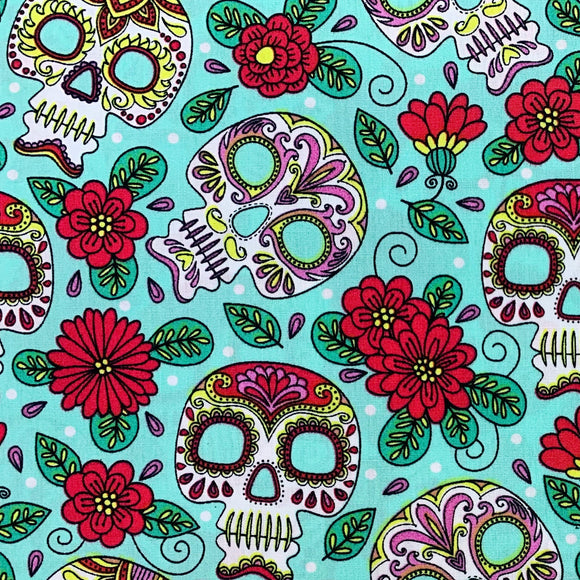 Halloween Fabric - Floral Calaca Sugar Skulls on Turquoise - 100% Cotton Poplin