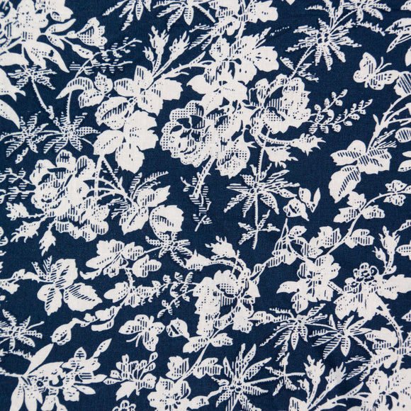 100% Cotton -  China Rose White on Navy Blue - Floral Craft Fabric Material