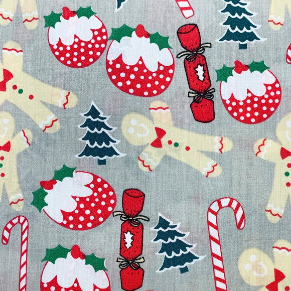 Christmas Fabric ~ Gingerbread Mew & Puddings on Grey ~ Polycotton Prints