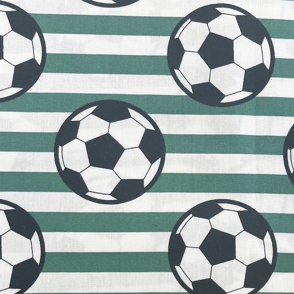 Cotton Poplin Fabric - Footballs on Green Stripe