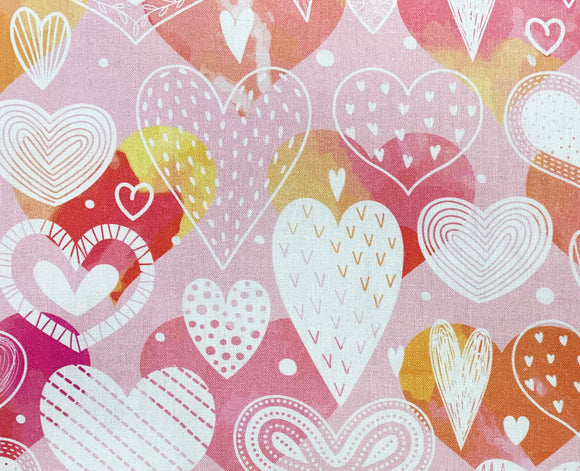 Valentine's Day Fabric - Pink & White Multi Love Heart Fabric - 100% Cotton