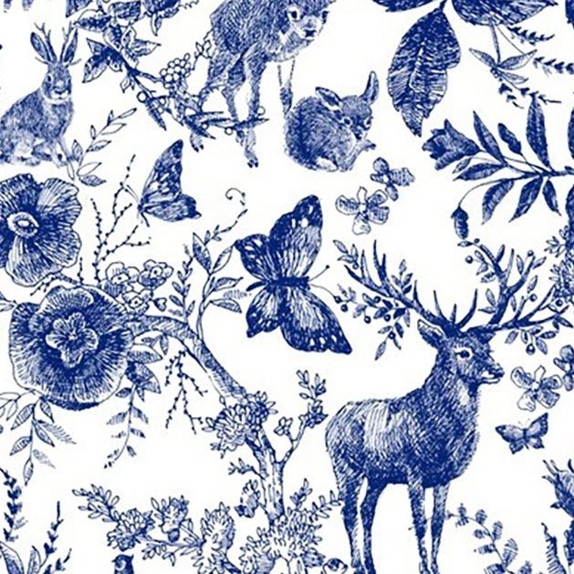 Cotton Fabric - Ink Blue Forest Deer Hare Digital Print