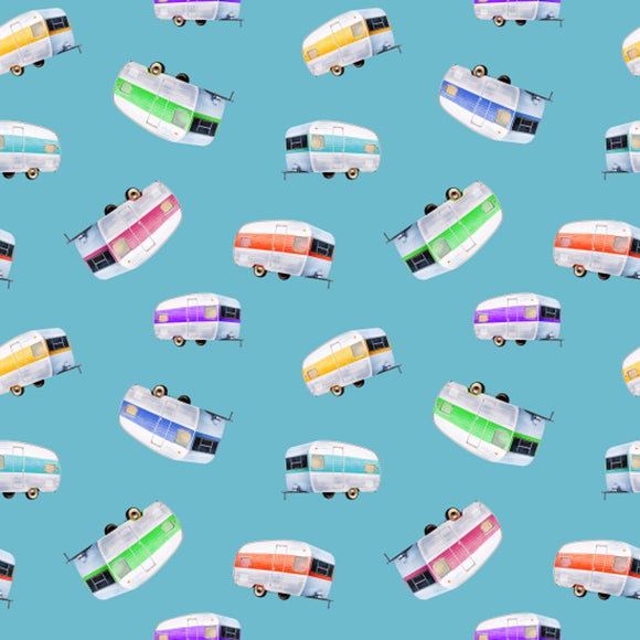 100% Cotton - Retro Multicoloured Caravans on Blue - Nutex Fabric - 112cm wide
