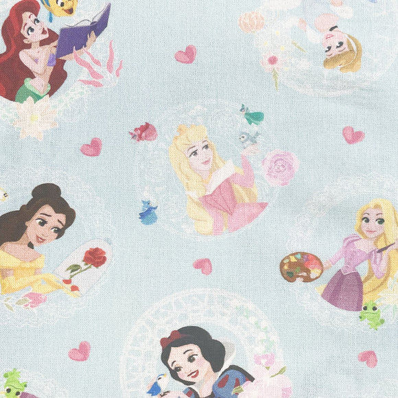 Cotton Fabric - Disney Princess Love Heart - Sky Blue