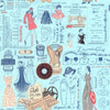 100% Cotton - Sew Vintage Haberdashery on Blue - Nutex Fabric - 112cm wide