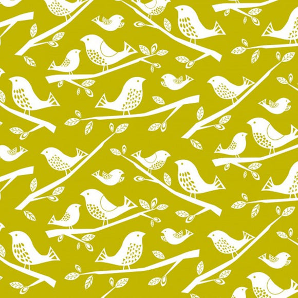 100% Cotton - Leafy Meadow - White Birds on Yellow -Nutex Fabric