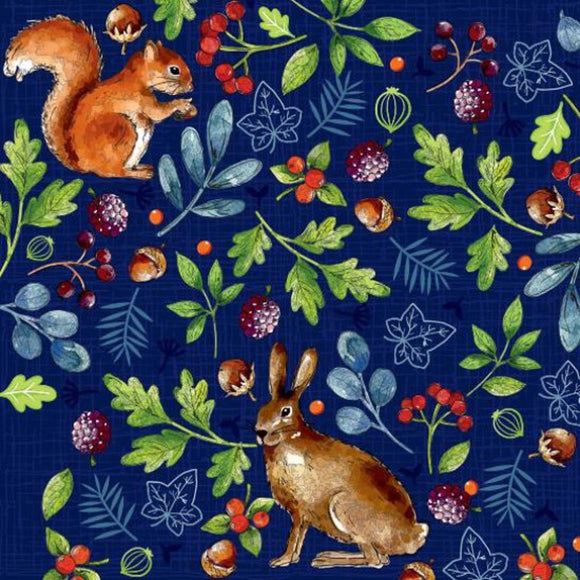 100% Cotton - Nature Trail - Rabbits Squirrels Woodland Scene on Navy Blue- Nutex Fabric