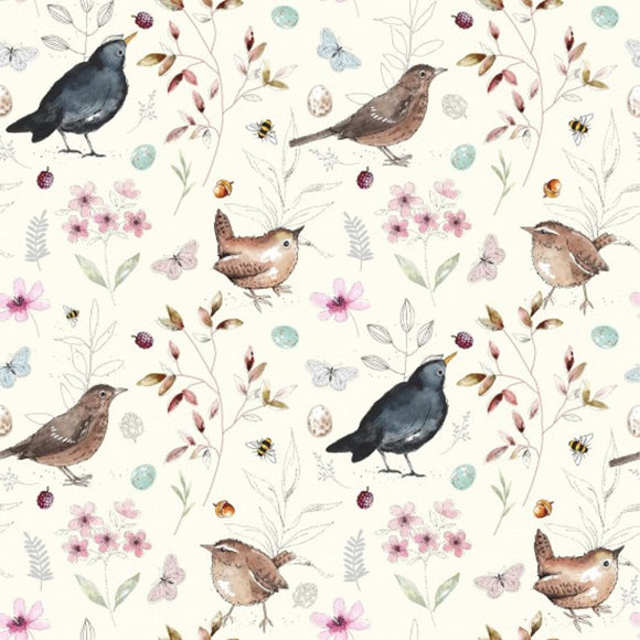 100% Cotton - Birdsong- Birds Butterflies Bees on Cream Nutex Fabric
