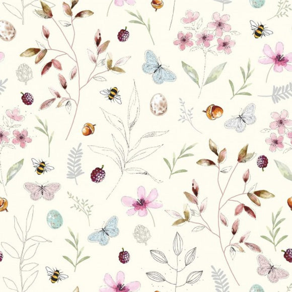 100% Cotton - Birdsong- Butterflies Bees Flowers & Leaves on Cream Nutex Fabric