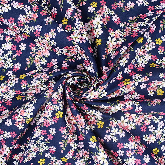 Cotton Poplin Fabric - Vibrant Flowers on Navy Blue