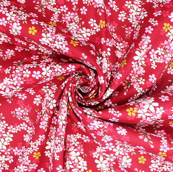 Cotton Poplin Fabric - Vibrant Flowers on Cranberry Red