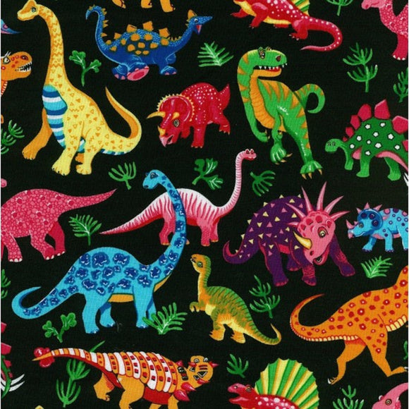 100% Cotton -Dinosaur Dance -Multicoloured Dinos on Black - Nutex Fabric