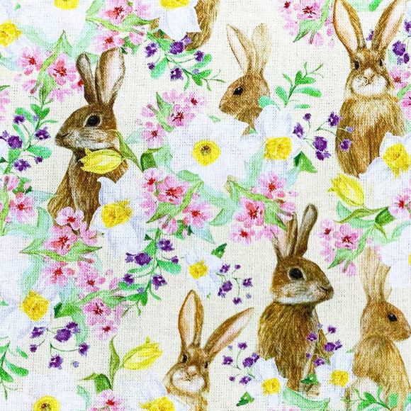 Easter Fabric - Spring Bunnies & Flowers Print