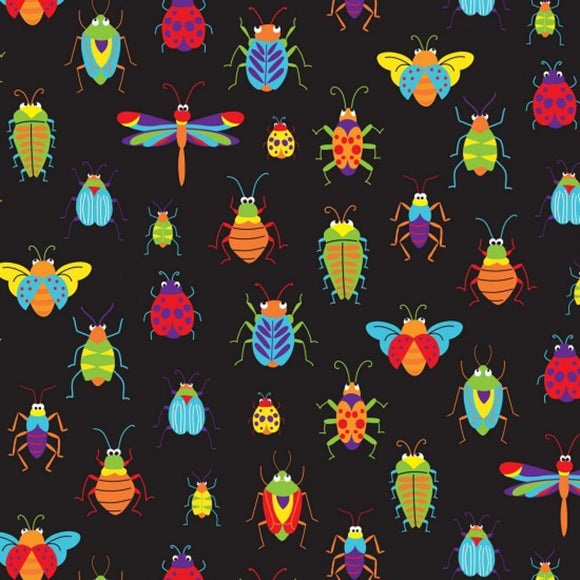 100% Cotton - Bugs & Critters - Black - Nutex Fabric - 112cm wide