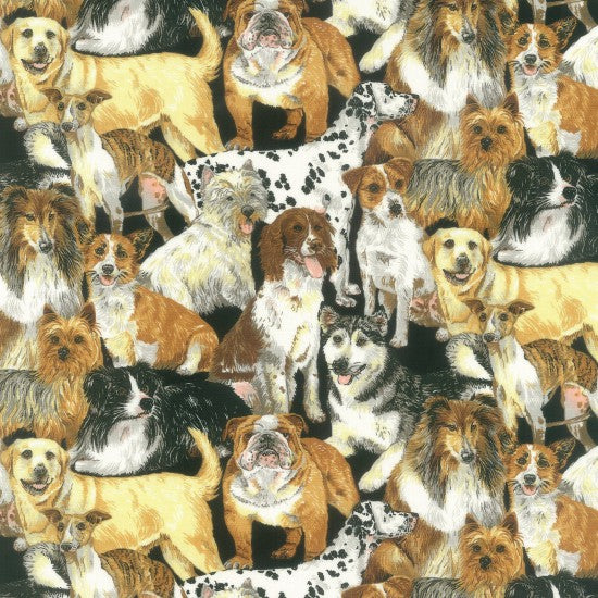 100% Cotton - Doggie Delight - Multi Dogs on Black - Nutex Fabric