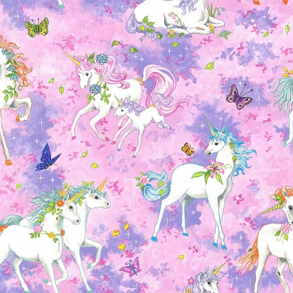 100% Cotton -Pretty Please -Unicorns & Butterflies on Bright Pink - Nutex Fabric